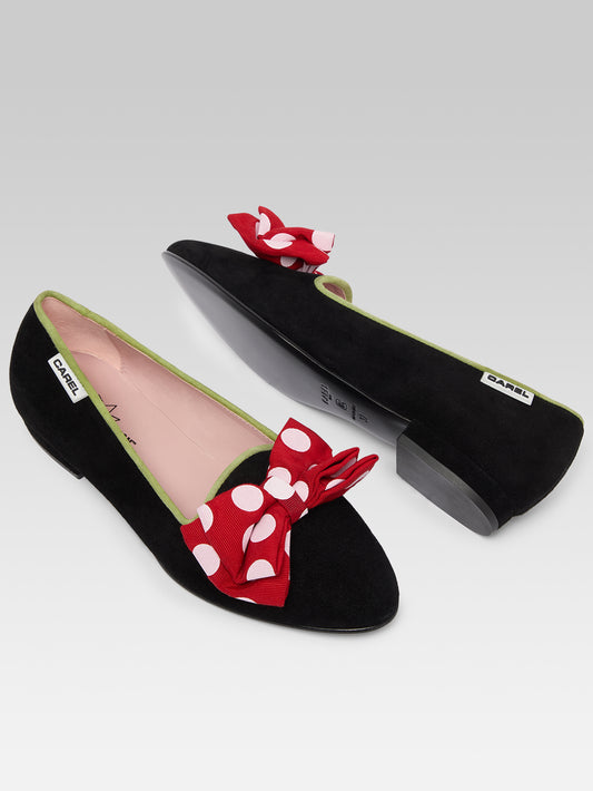 Marquis XL - Ballerines cuir velours noir à noeud rouge et blanc - Image numéro 2