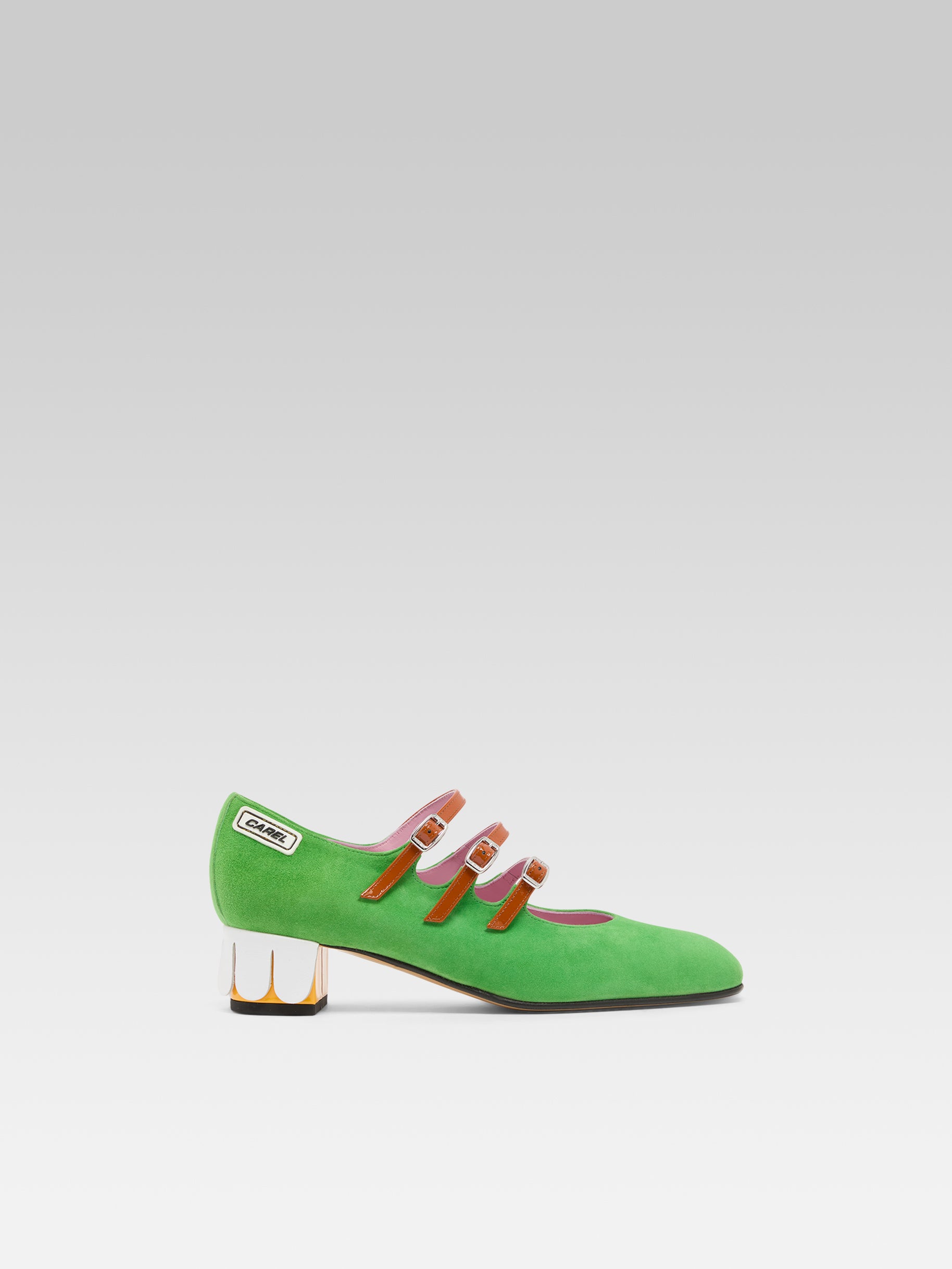 Petal K - Apple green suede leather and petal Mary Jane pumps