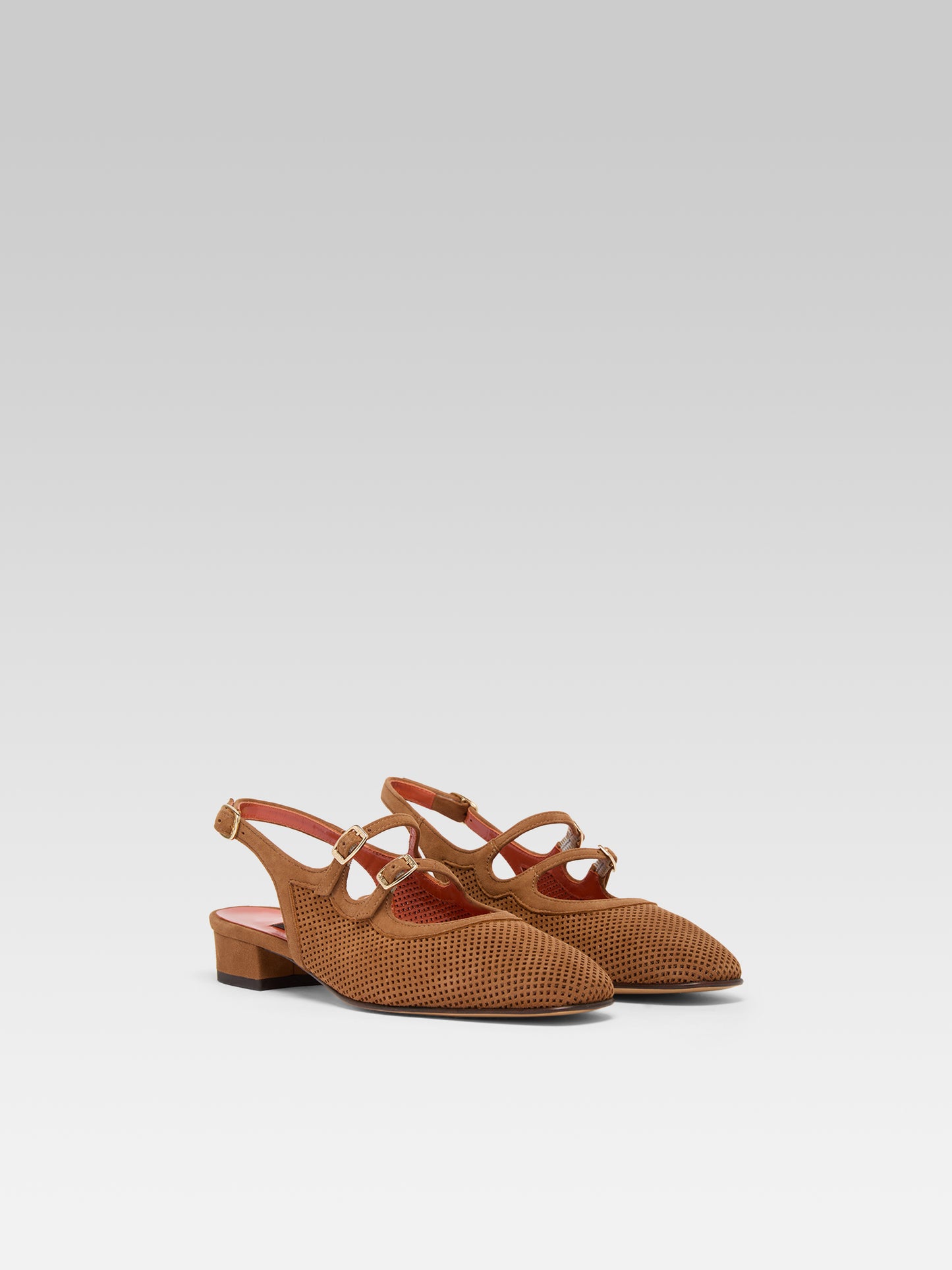 Peche - Cognac perforated suede leather slingback Mary Janes