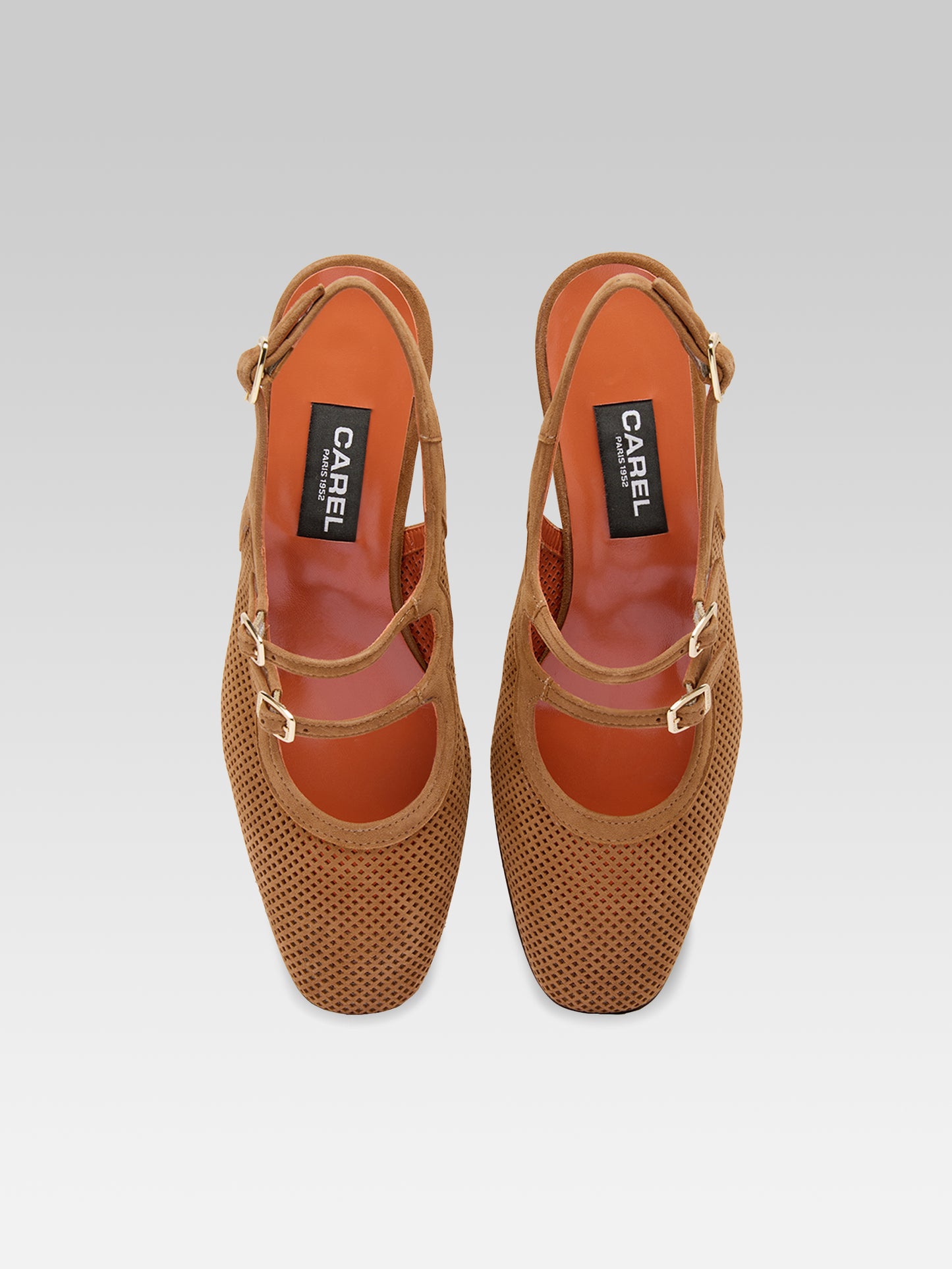 Peche - Cognac perforated suede leather slingback Mary Janes