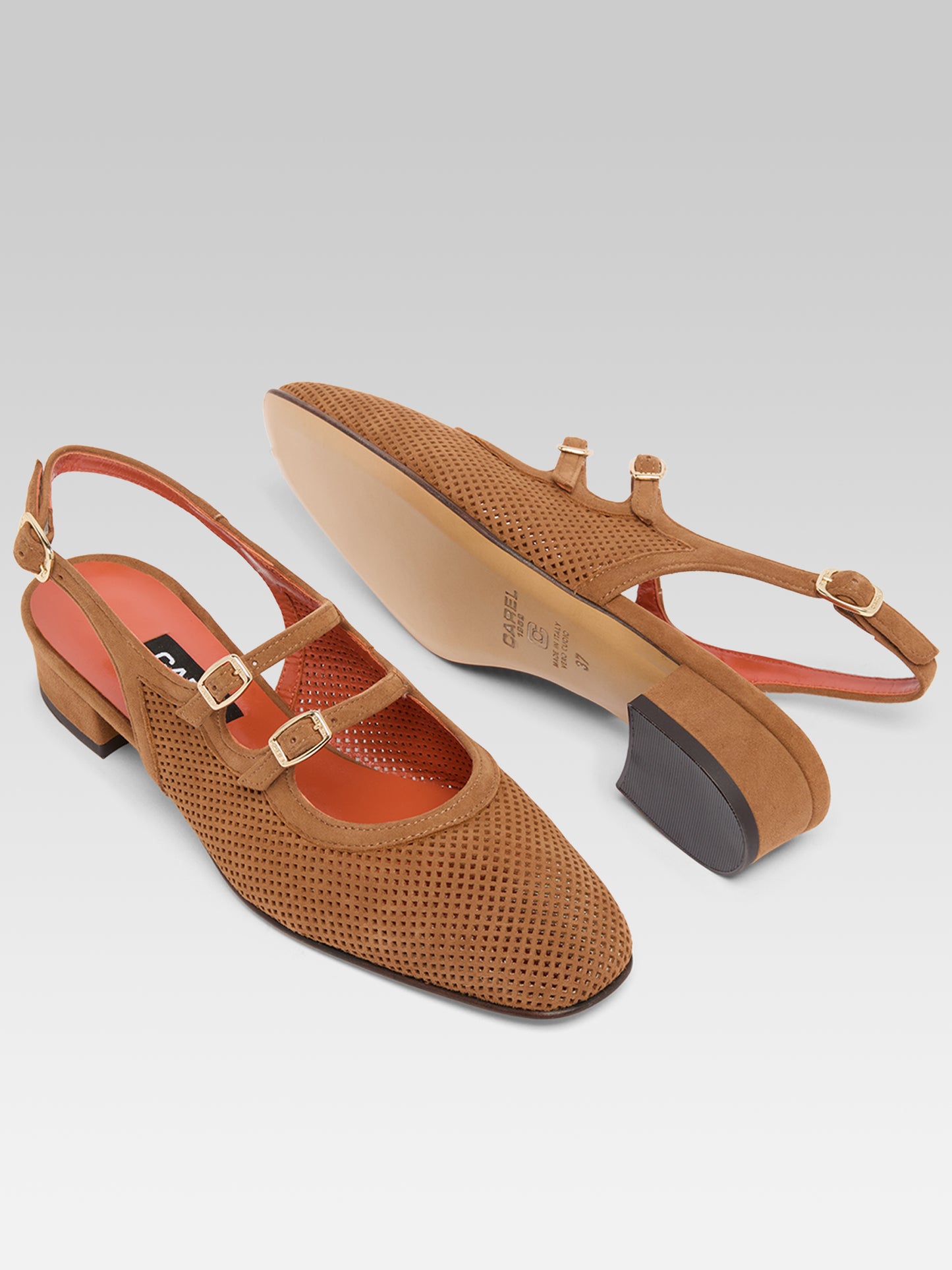 Peche - Cognac perforated suede leather slingback Mary Janes