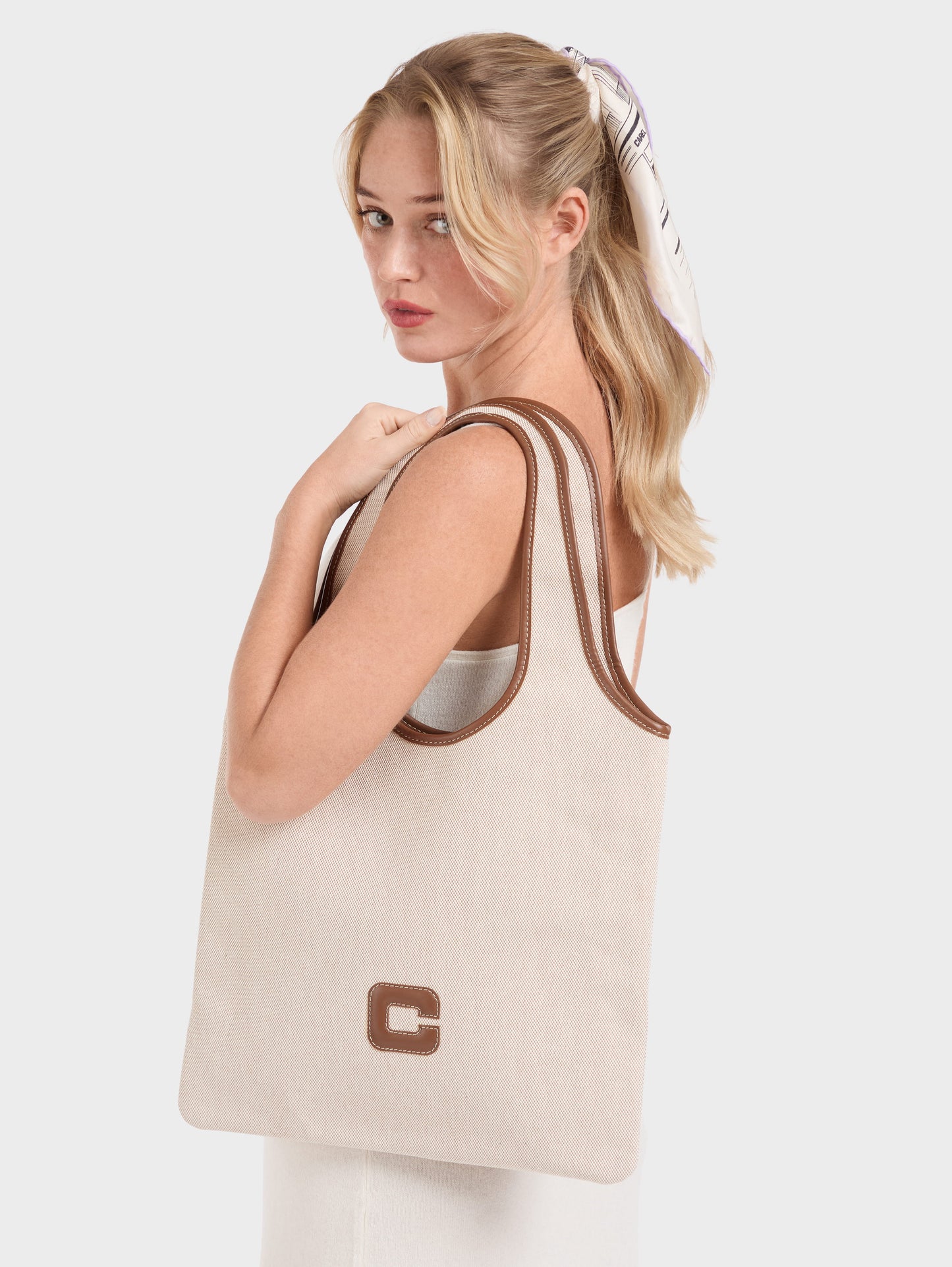 Alésia - Ecru fabric and camel leather bag