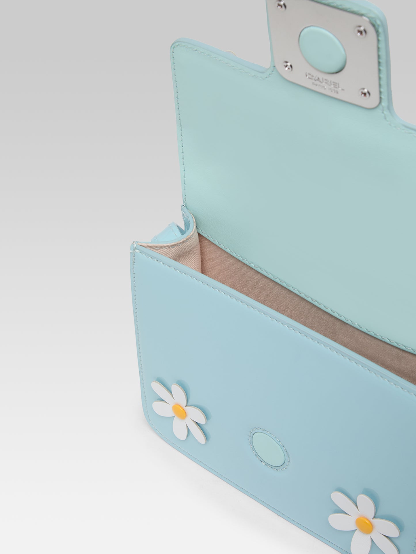 Daisy M - Sac cuir verni bleu clair et marguerites