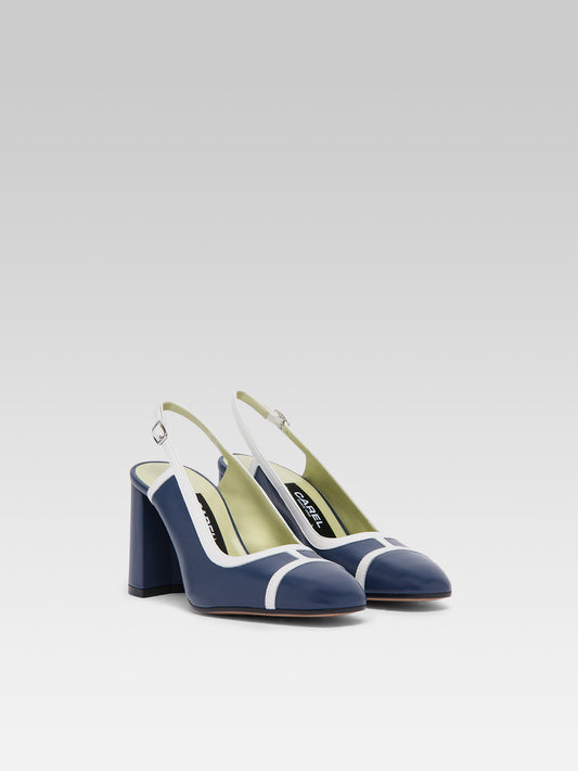 Alizee - Escarpins slingback cuir bleu marine et blanc - Image numéro 2