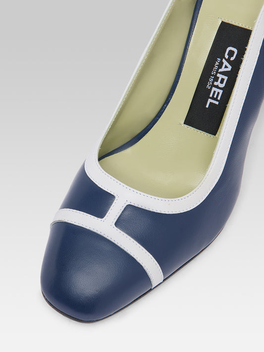 Alizee - Escarpins slingback cuir bleu marine et blanc - Image numéro 3