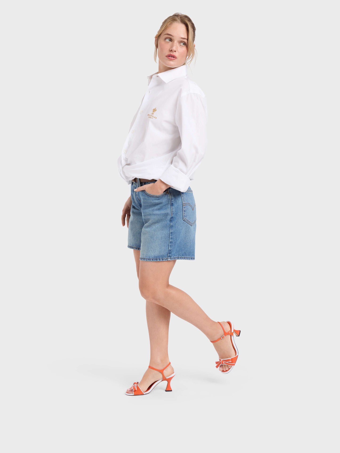 Guarana - Orange and white leather heeled sandals with bow