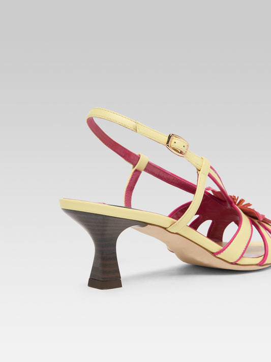 Acai - Lemon leather heeled sandals with rose flower - Image number 5
