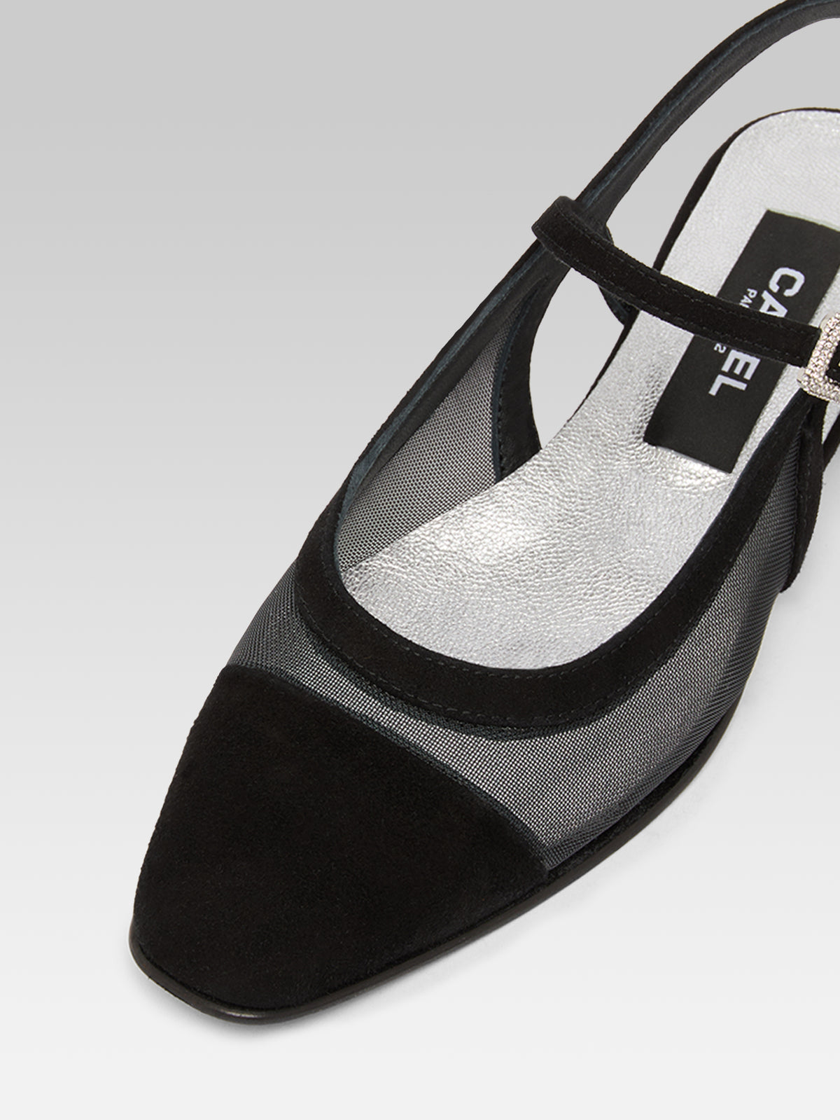 Oceanight - Black suede leather and mesh slingbacks