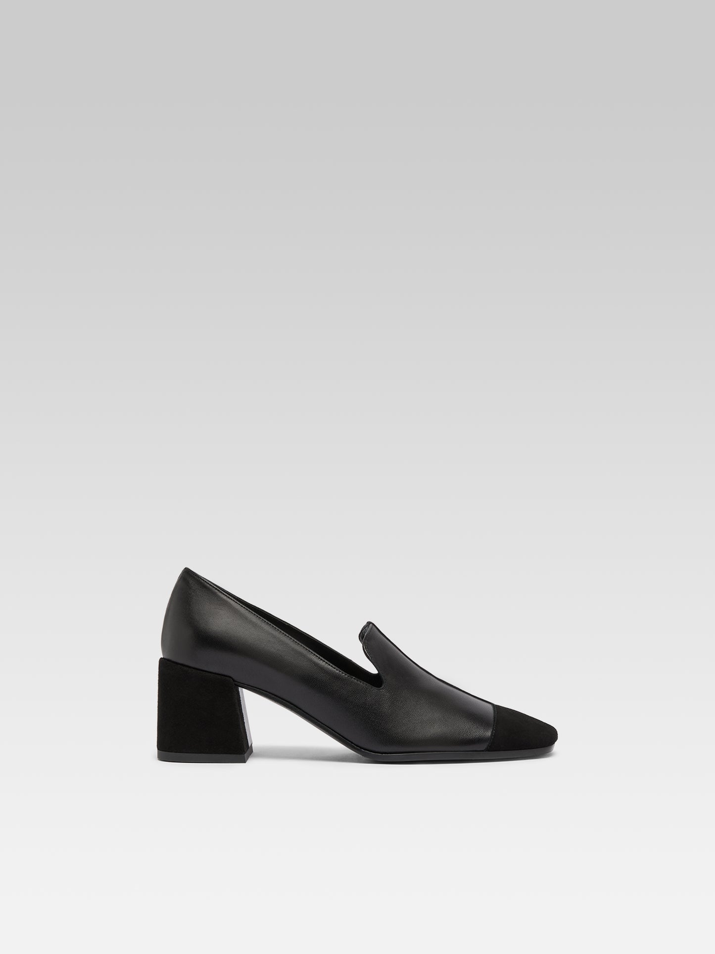 Silviana - Black leather and suede leather heeled moccasins