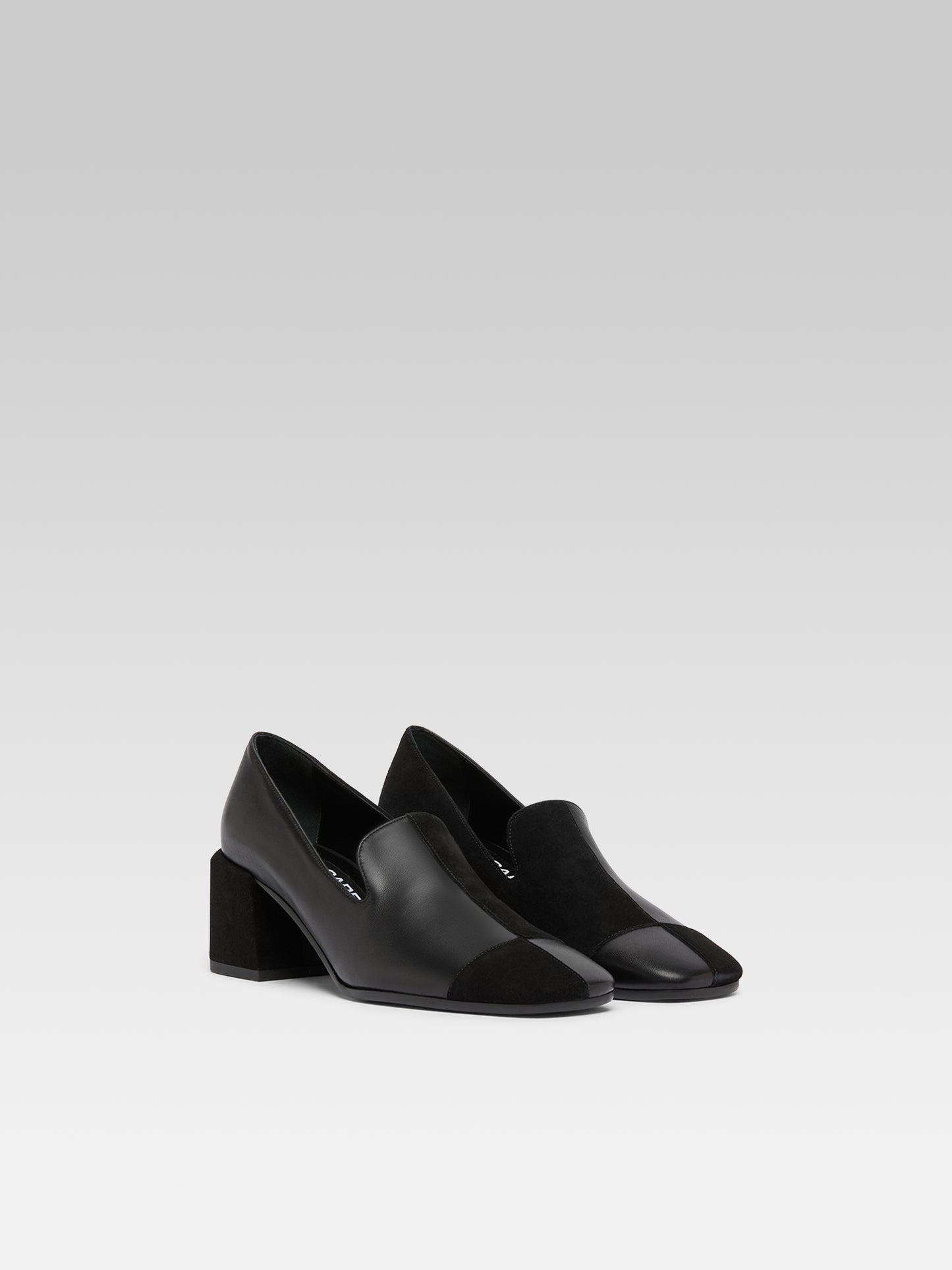 Silviana - Black leather and suede leather heeled moccasins