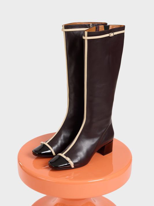 Starter - Aubergine leather and black patent leather boots with ivory straps - Image number 7