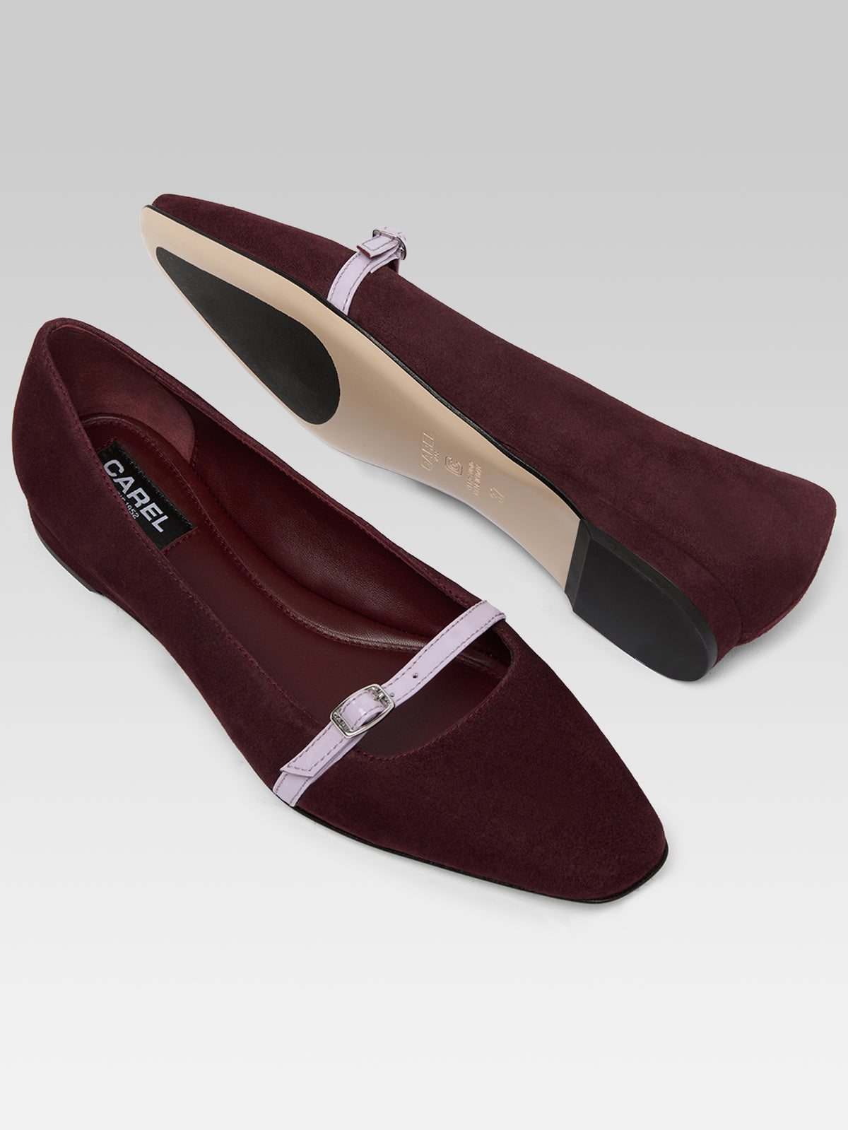 Mili - Ballerines à bride cuir velours bordeaux et cuir verni lilas