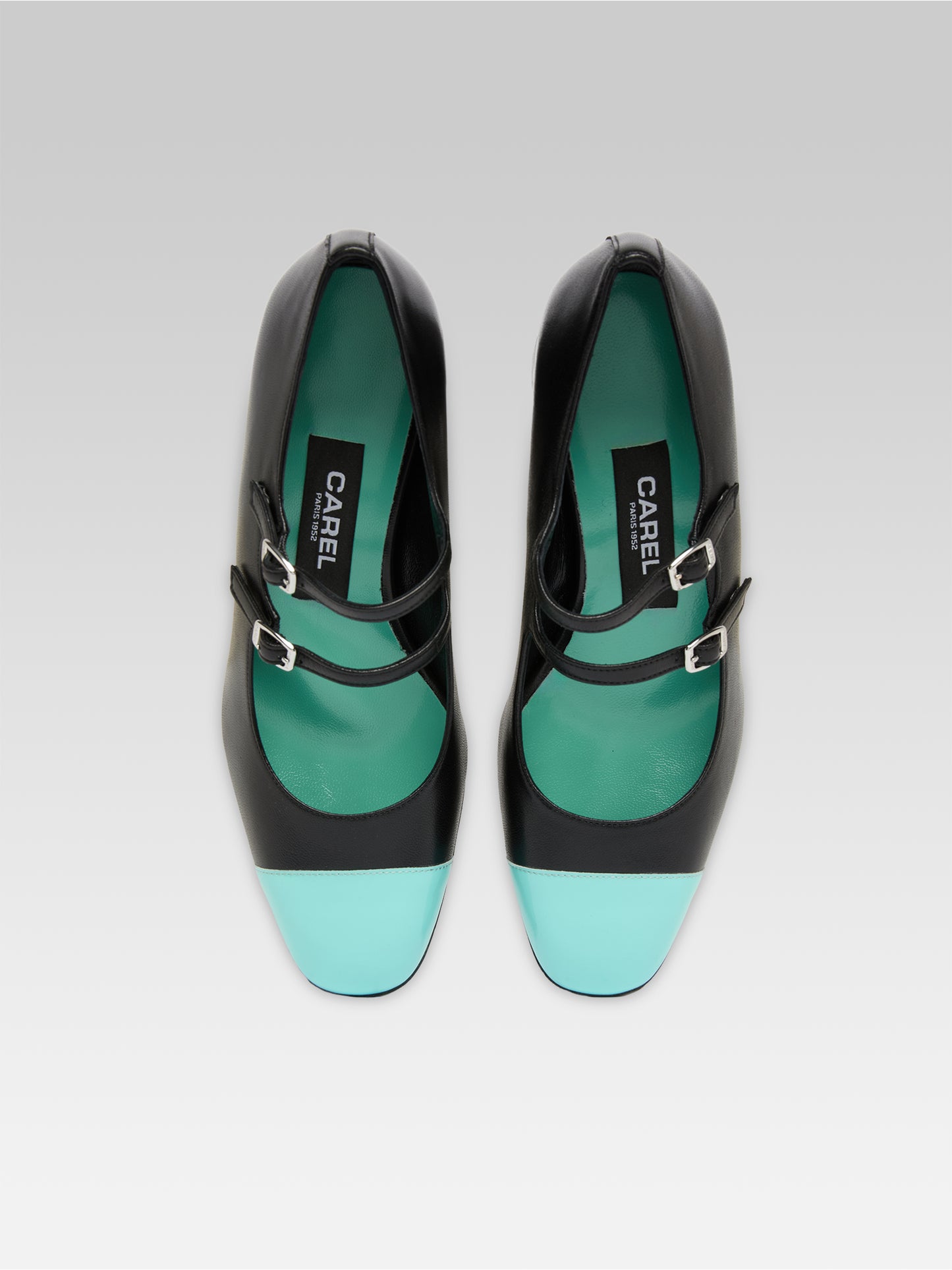 Cherry - Escarpins babies cuir noir et cuir verni turquoise