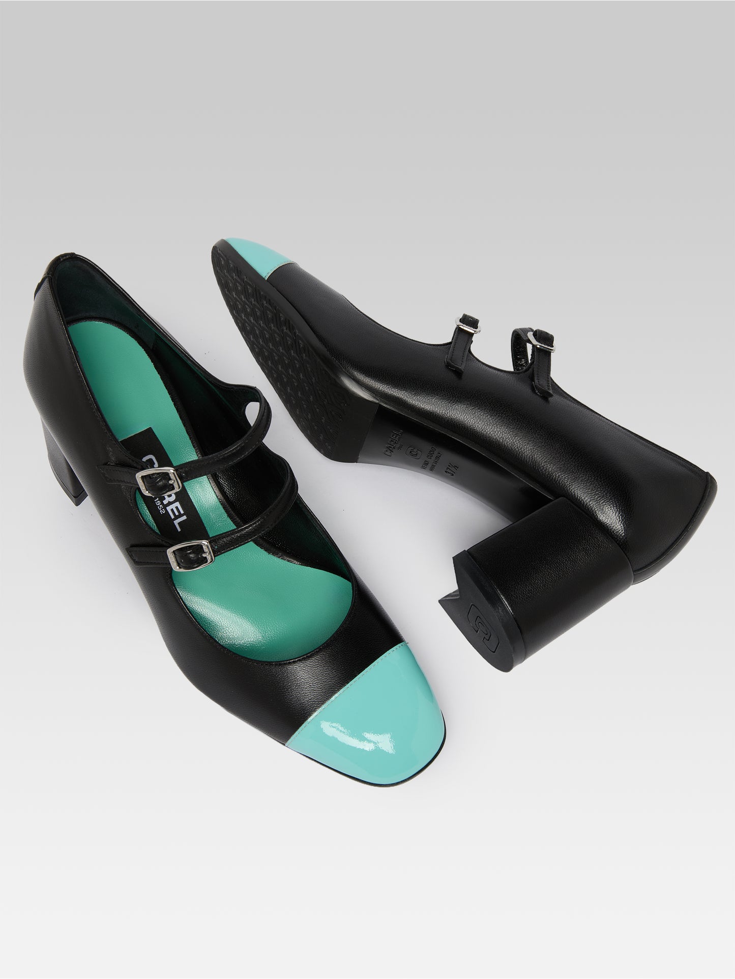 Cherry - Escarpins babies cuir noir et cuir verni turquoise
