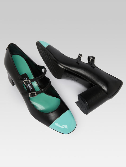 Cherry - Escarpins babies cuir noir et cuir verni turquoise - Image numéro 5