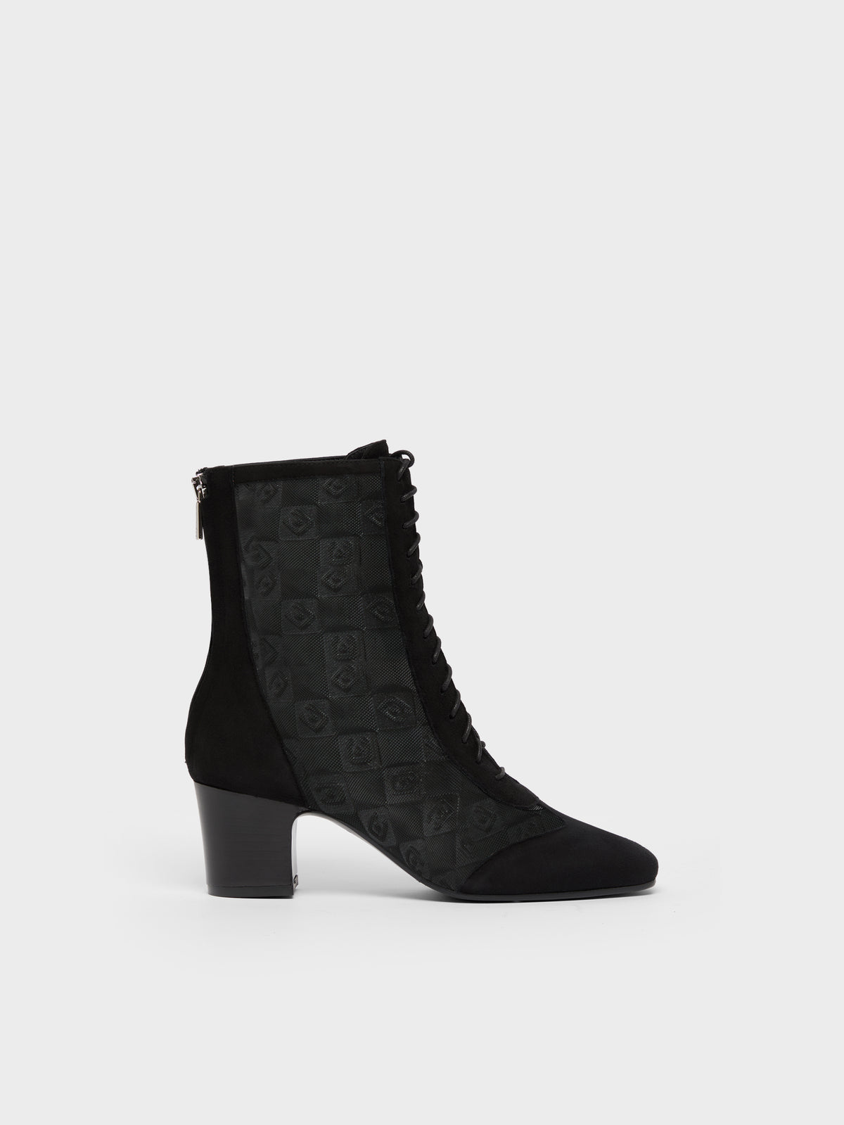 Colette - Bottines à lacets cuir velours noir et résille embossée