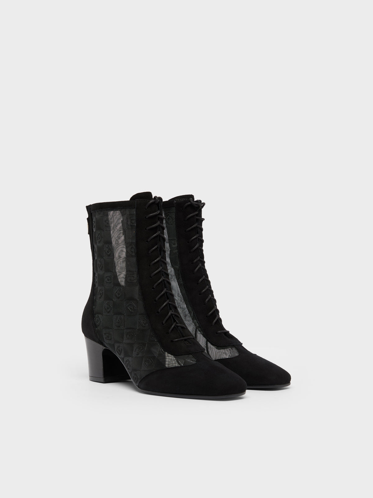 Colette - Bottines à lacets cuir velours noir et résille embossée