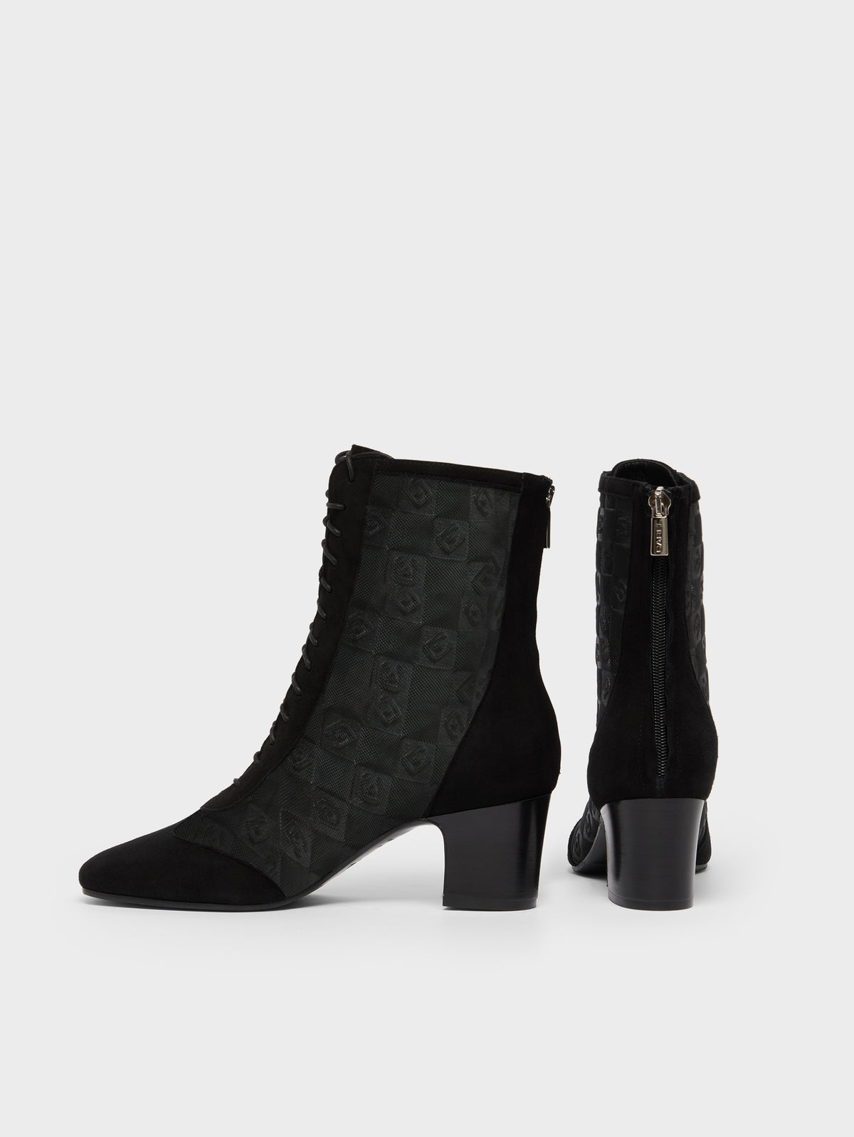 Colette - Bottines à lacets cuir velours noir et résille embossée