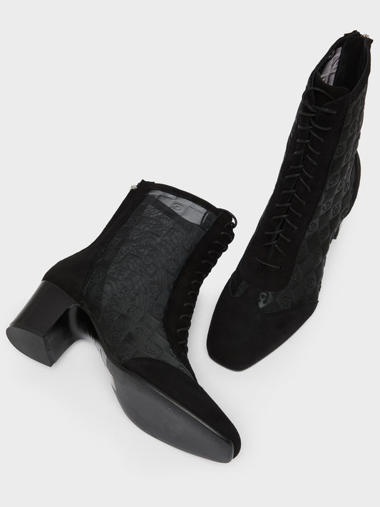 Colette - Black suede and embossed mesh lace-up ankle boots - Image number 5