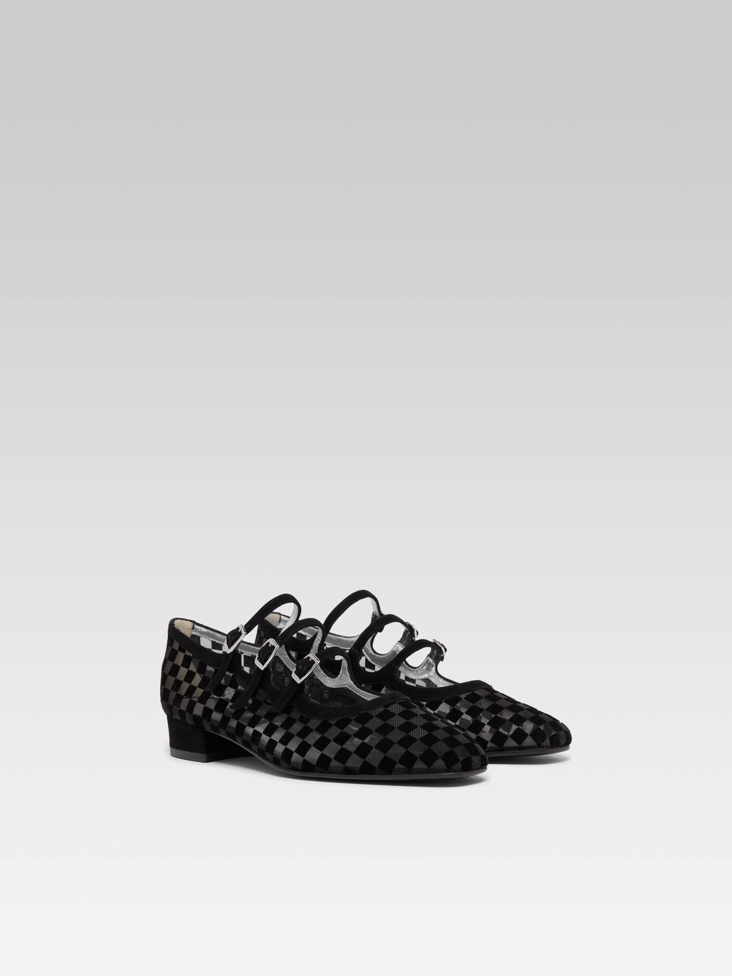 Arianight - Black checkered suede leather and mesh Mary Janes ballet flats