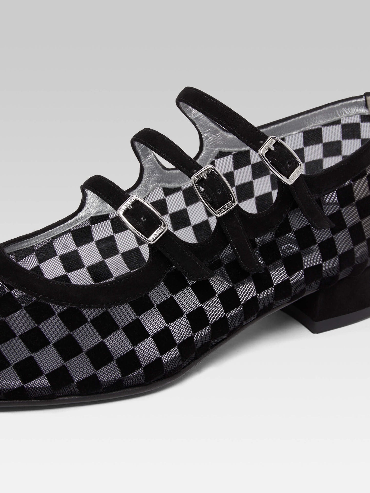 Arianight - Black checkered suede leather and mesh Mary Janes ballet flats