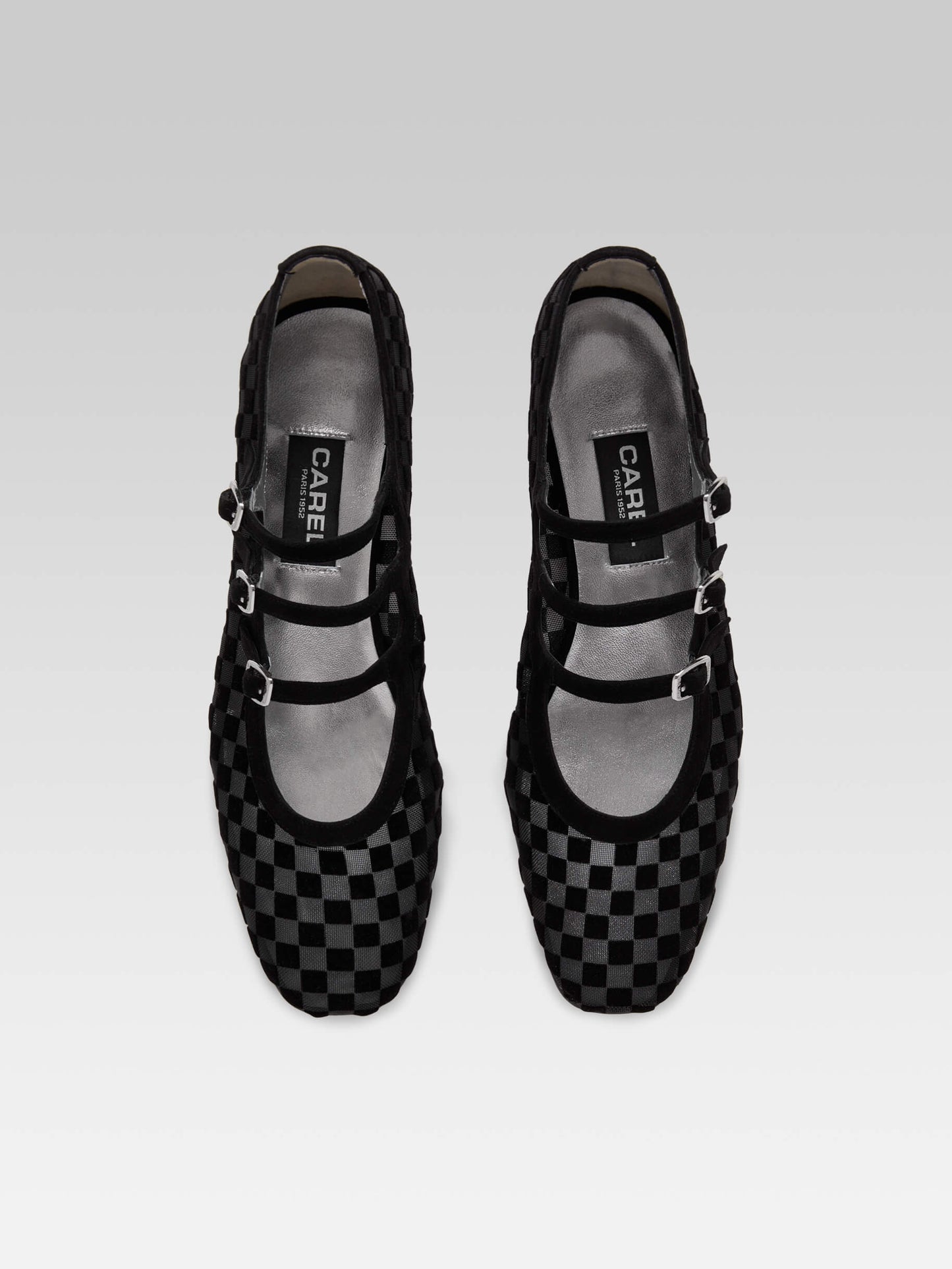 Arianight - Black checkered suede leather and mesh Mary Janes ballet flats
