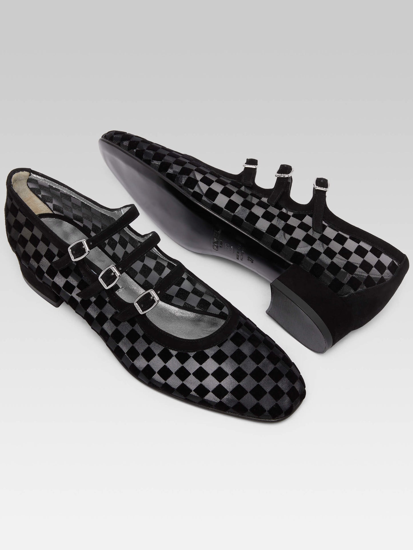 Arianight - Black checkered suede leather and mesh Mary Janes ballet flats