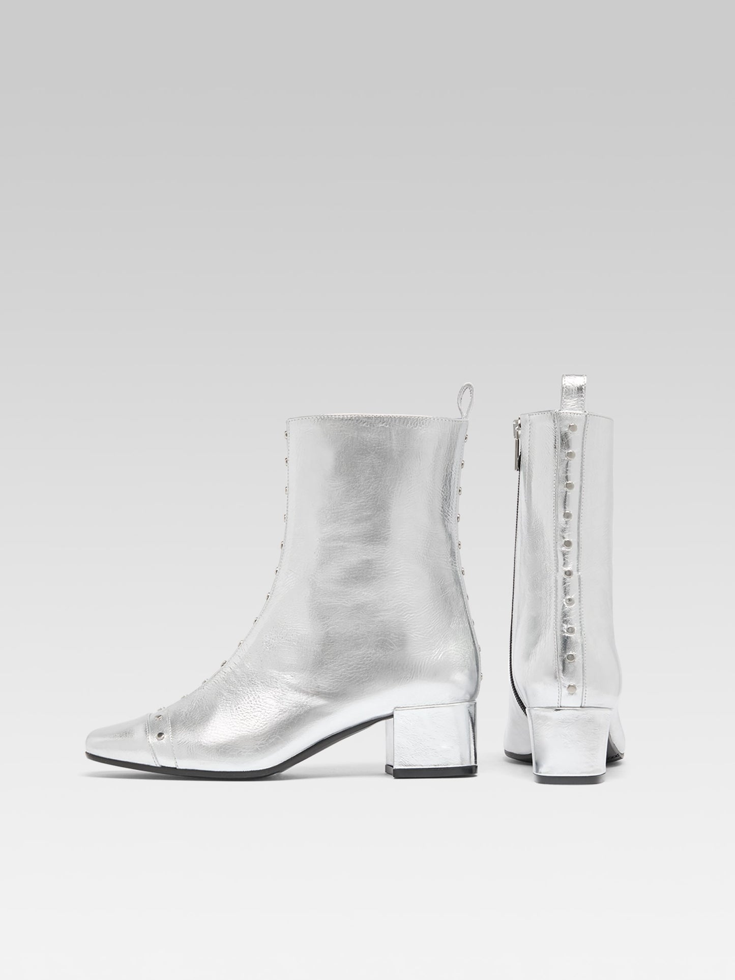 Audrey - Silver laminated leather ankle boots with studs
