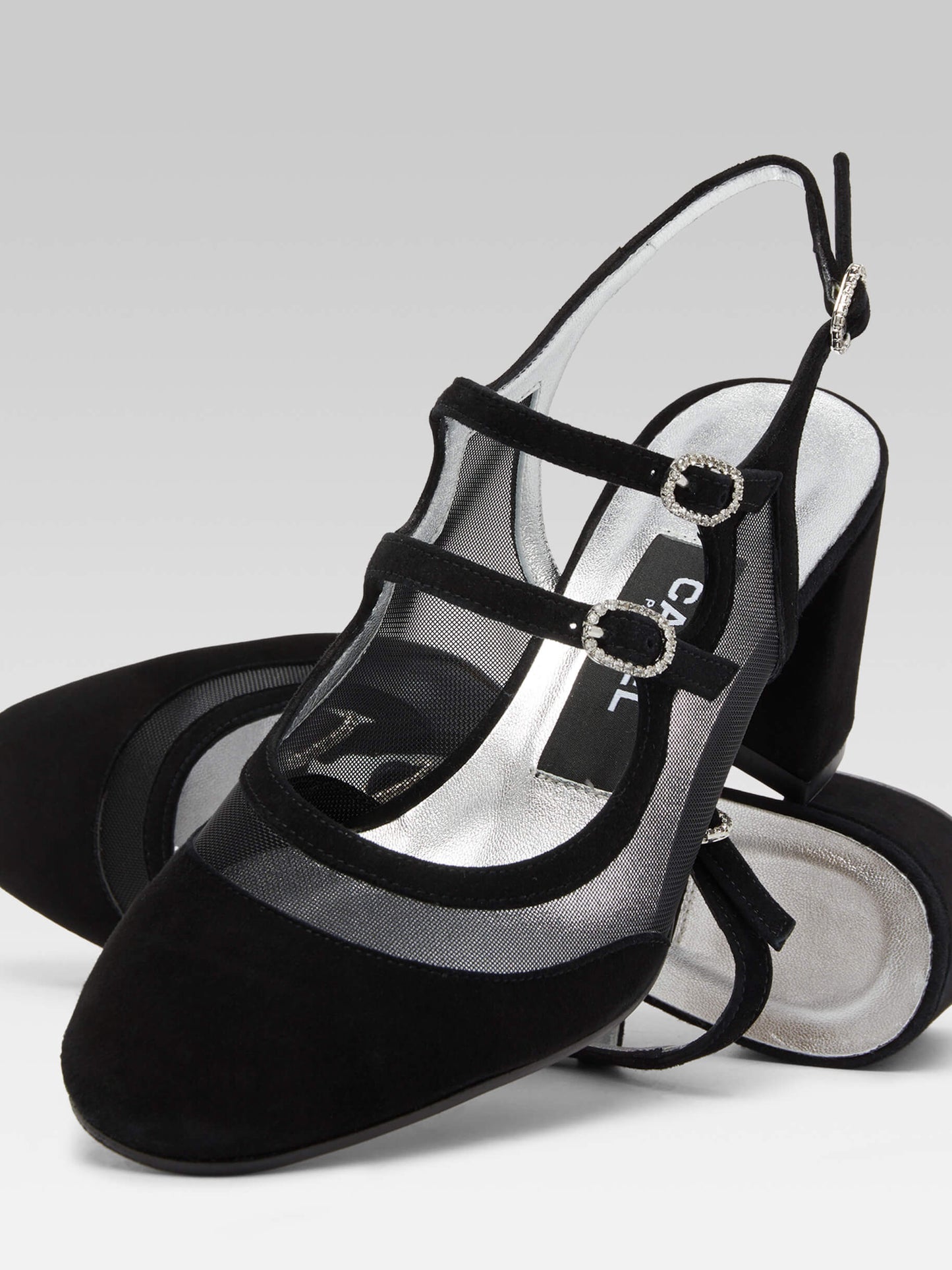 Bananight - Black suede leather and mesh slingback Mary Janes