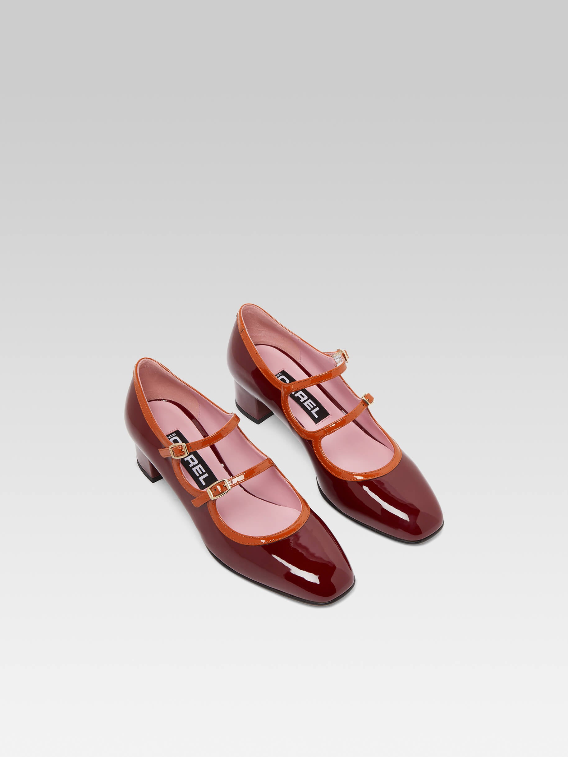 Bleuet Burgundy and camel patent leather Mary Janes pumps Carel Paris