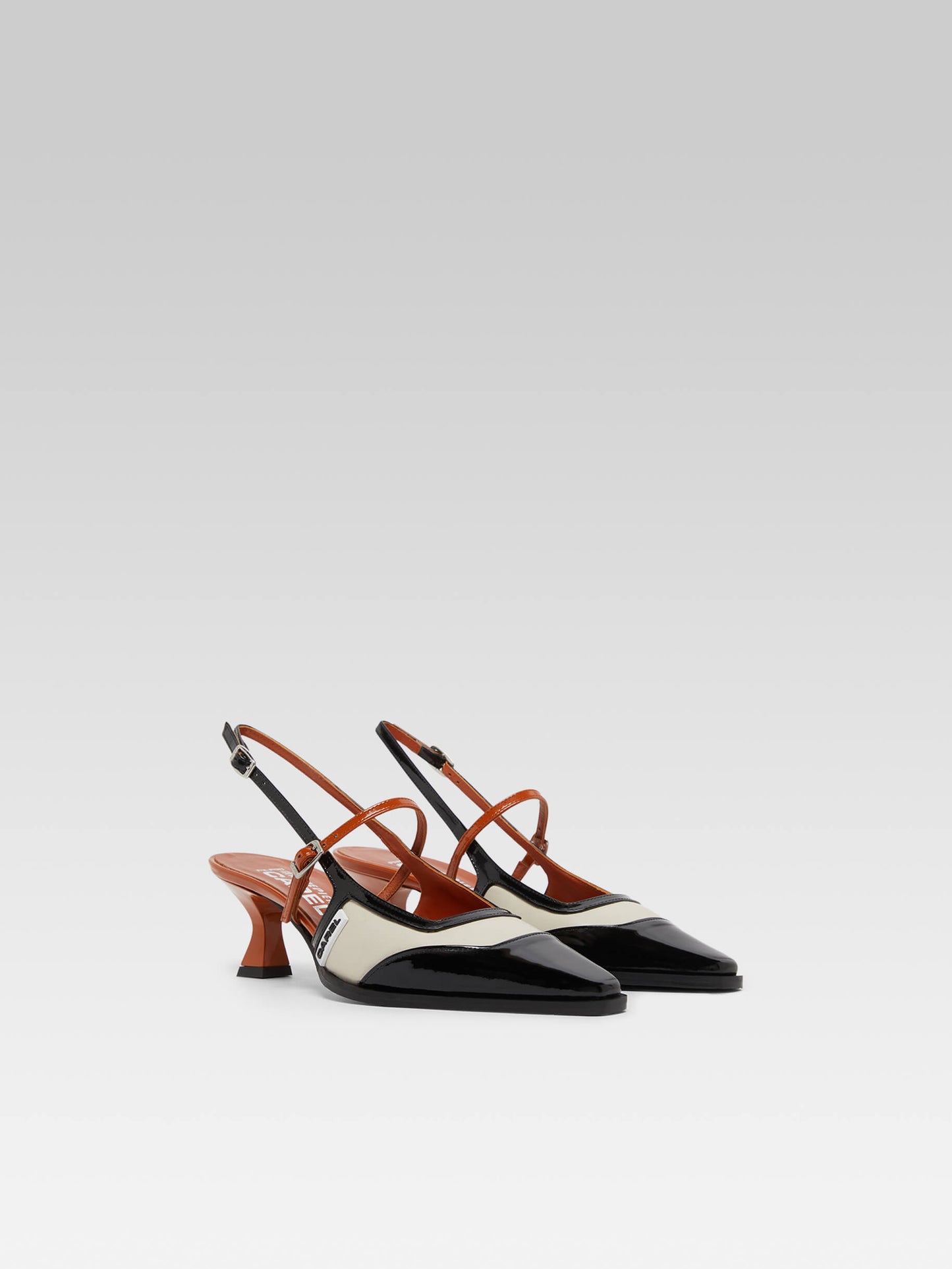 Cecile - Black and camel patent leather and beige leather slingback pumps