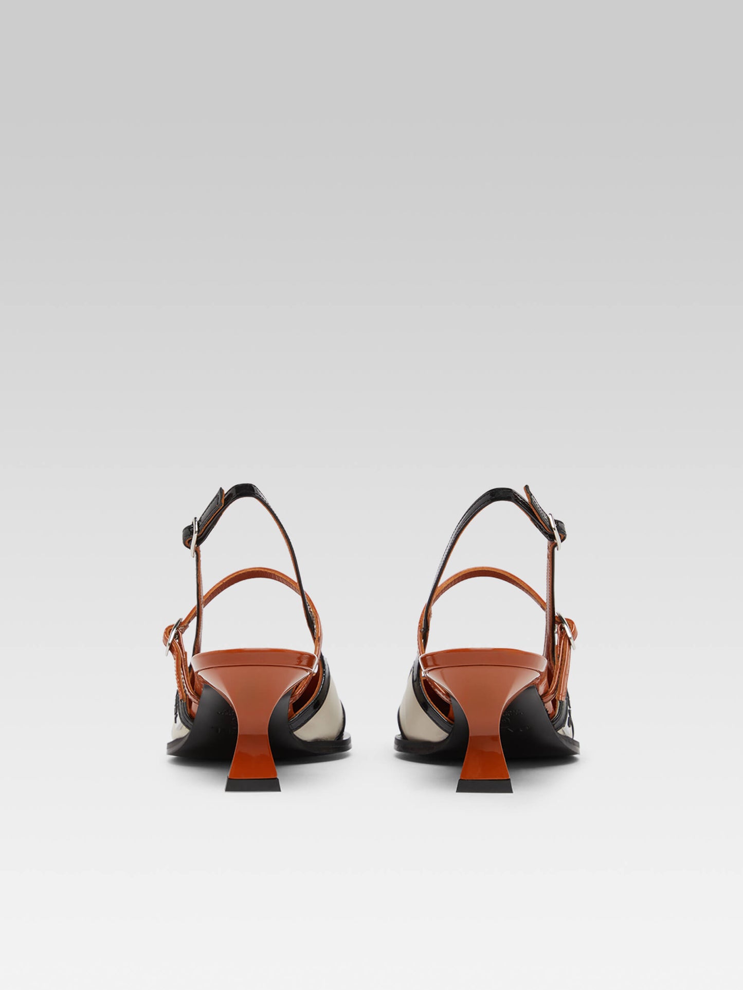 Cecile - Black and camel patent leather and beige leather slingback pumps