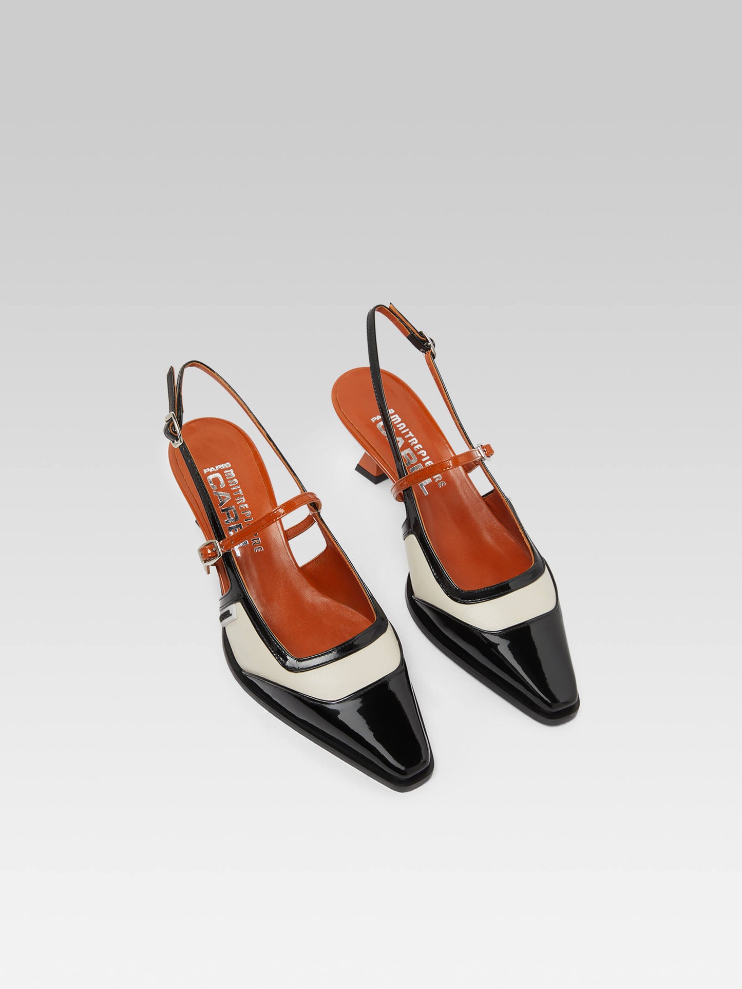 Cecile - Black and camel patent leather and beige leather slingback pumps