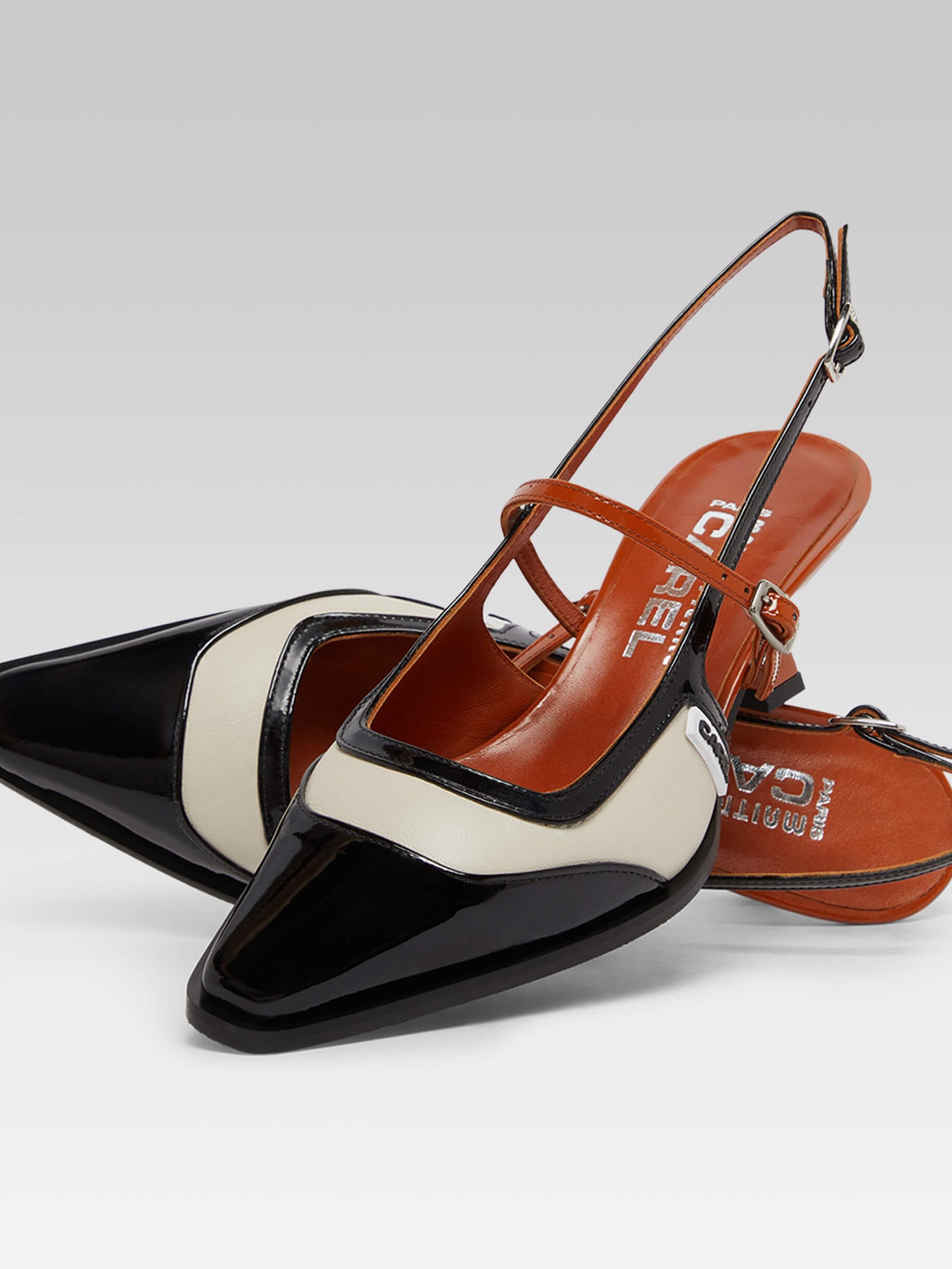 Cecile - Black and camel patent leather and beige leather slingback pumps