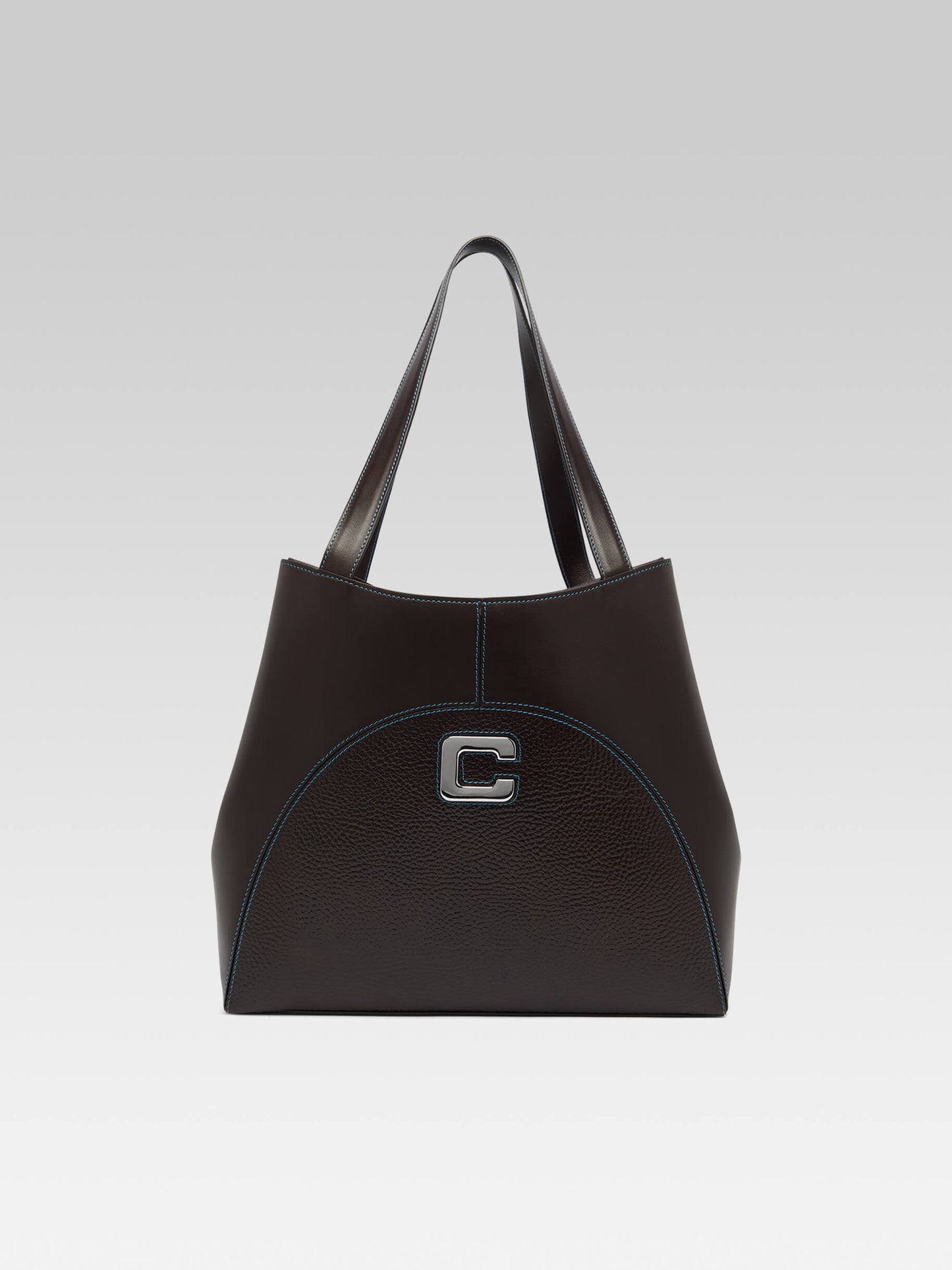 Clemenceau - Brown upcycled smooth and grained leather tote bag with blue stitching