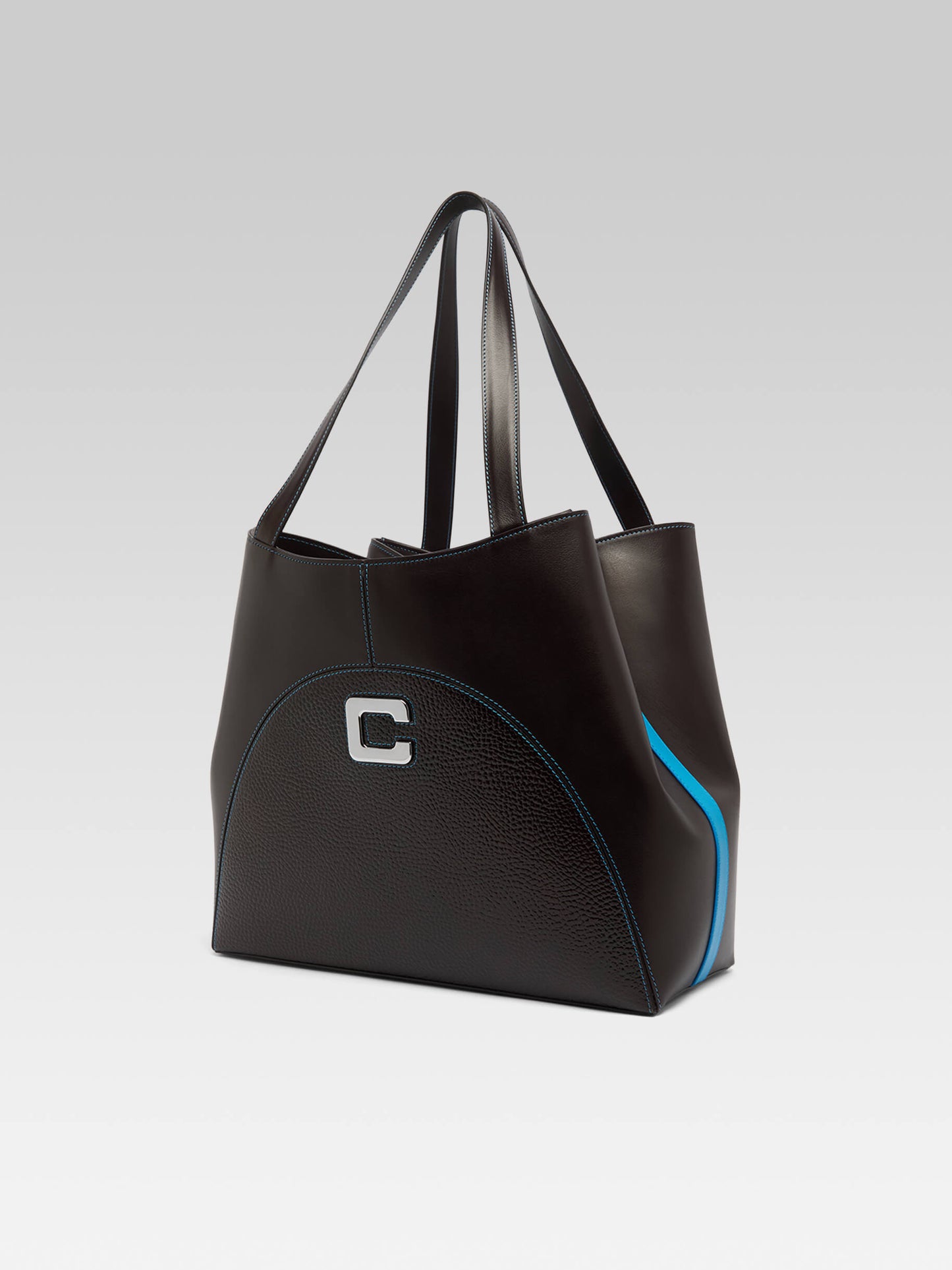 Clemenceau - Brown upcycled smooth and grained leather tote bag with blue stitching