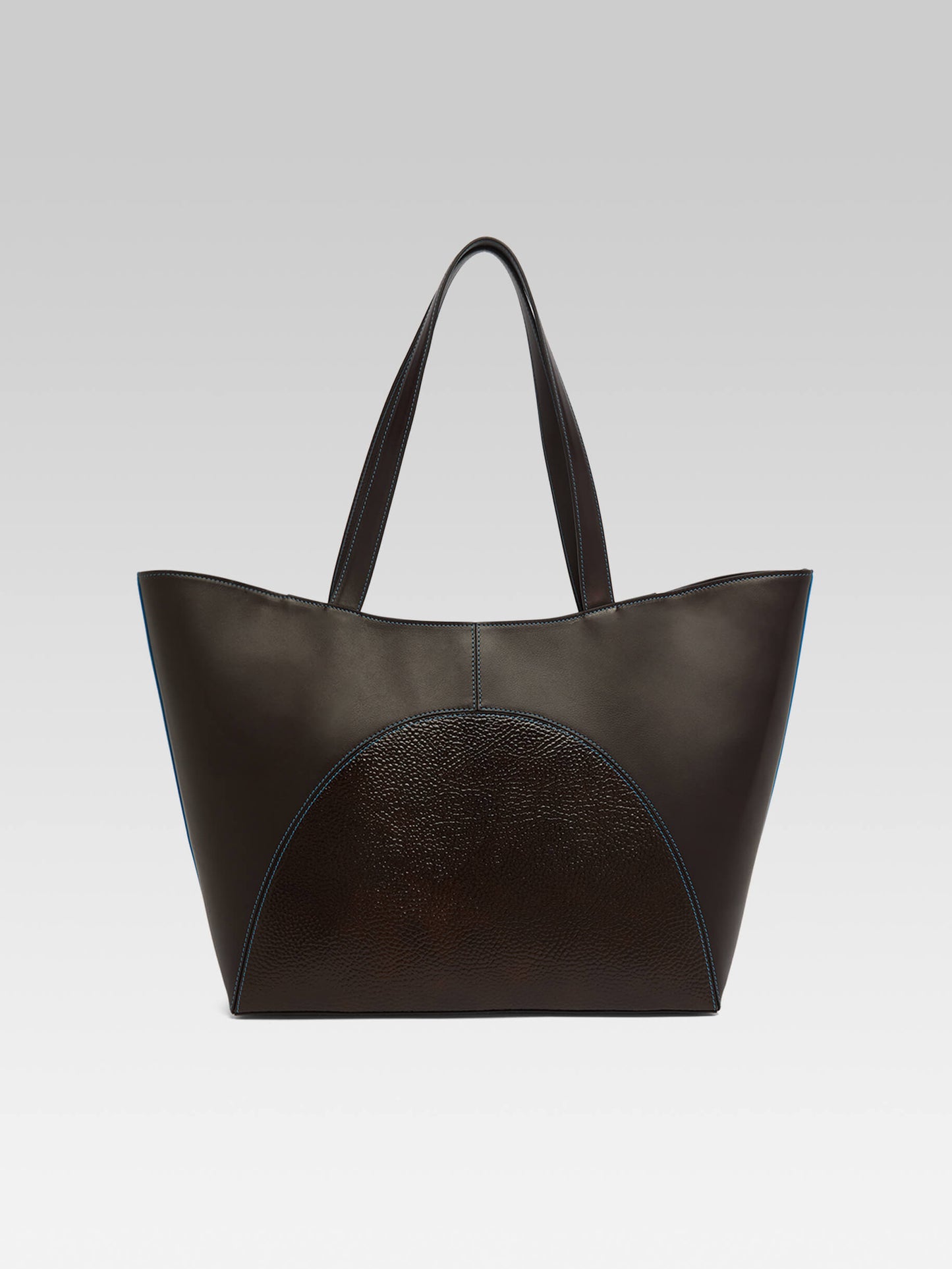Clemenceau - Brown upcycled smooth and grained leather tote bag with blue stitching