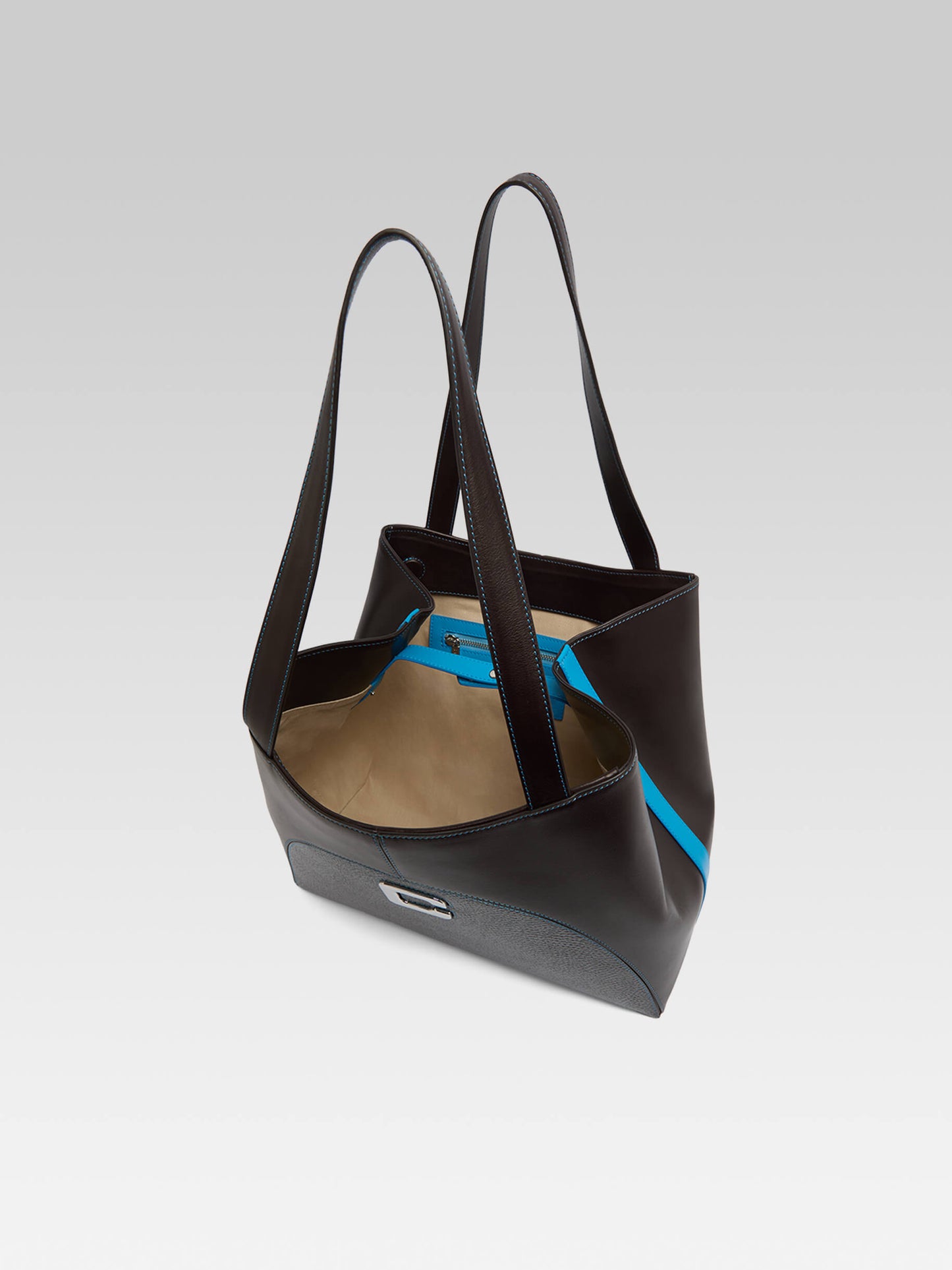 Clemenceau - Brown upcycled smooth and grained leather tote bag with blue stitching