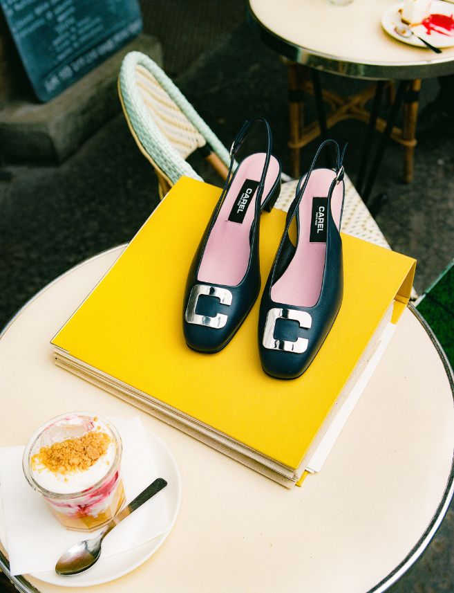 Coquelicot - Navy blue leather slingback with C jewel