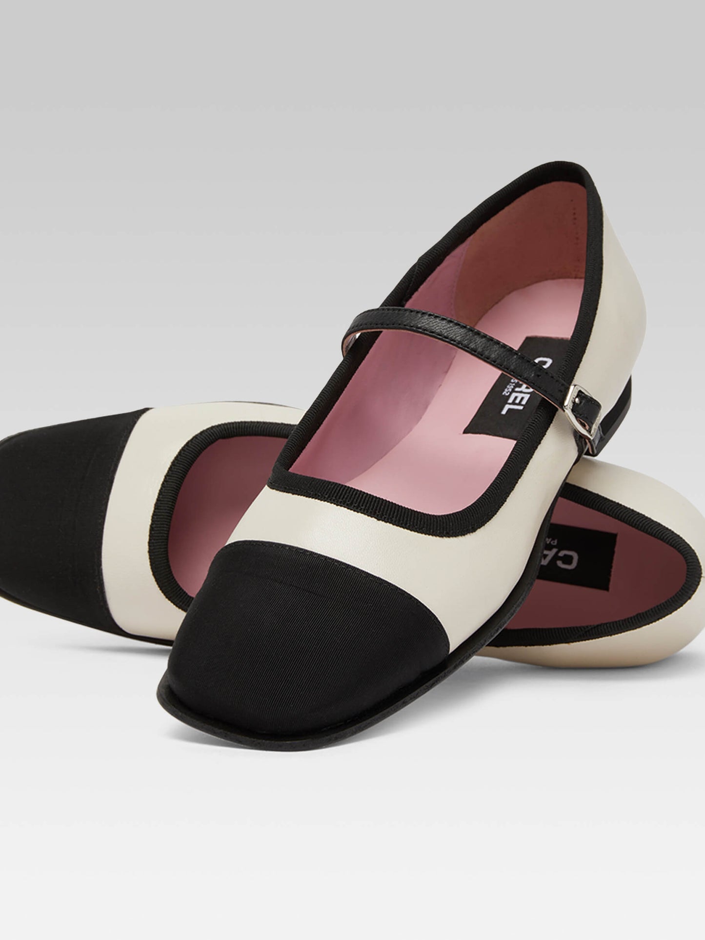 Gisele - Beige leather and black grosgrain Mary Janes ballet flats