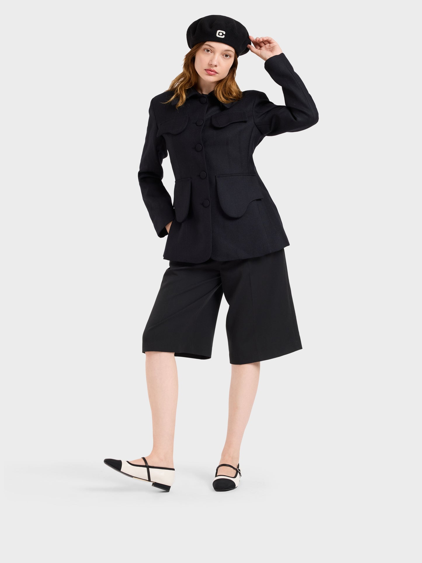 Gisele - Beige leather and black grosgrain Mary Janes ballet flats