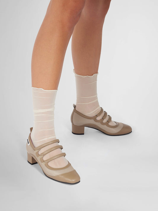 Sportina - Beige mesh and upcycled leather Mary Janes pumps - Image number 7