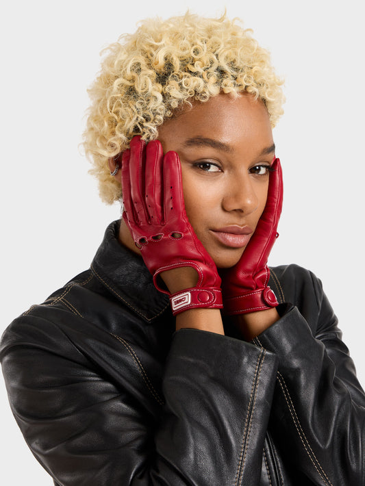 Rose - Gants cuir rouge et surpiqûres blanches - Image numéro 3