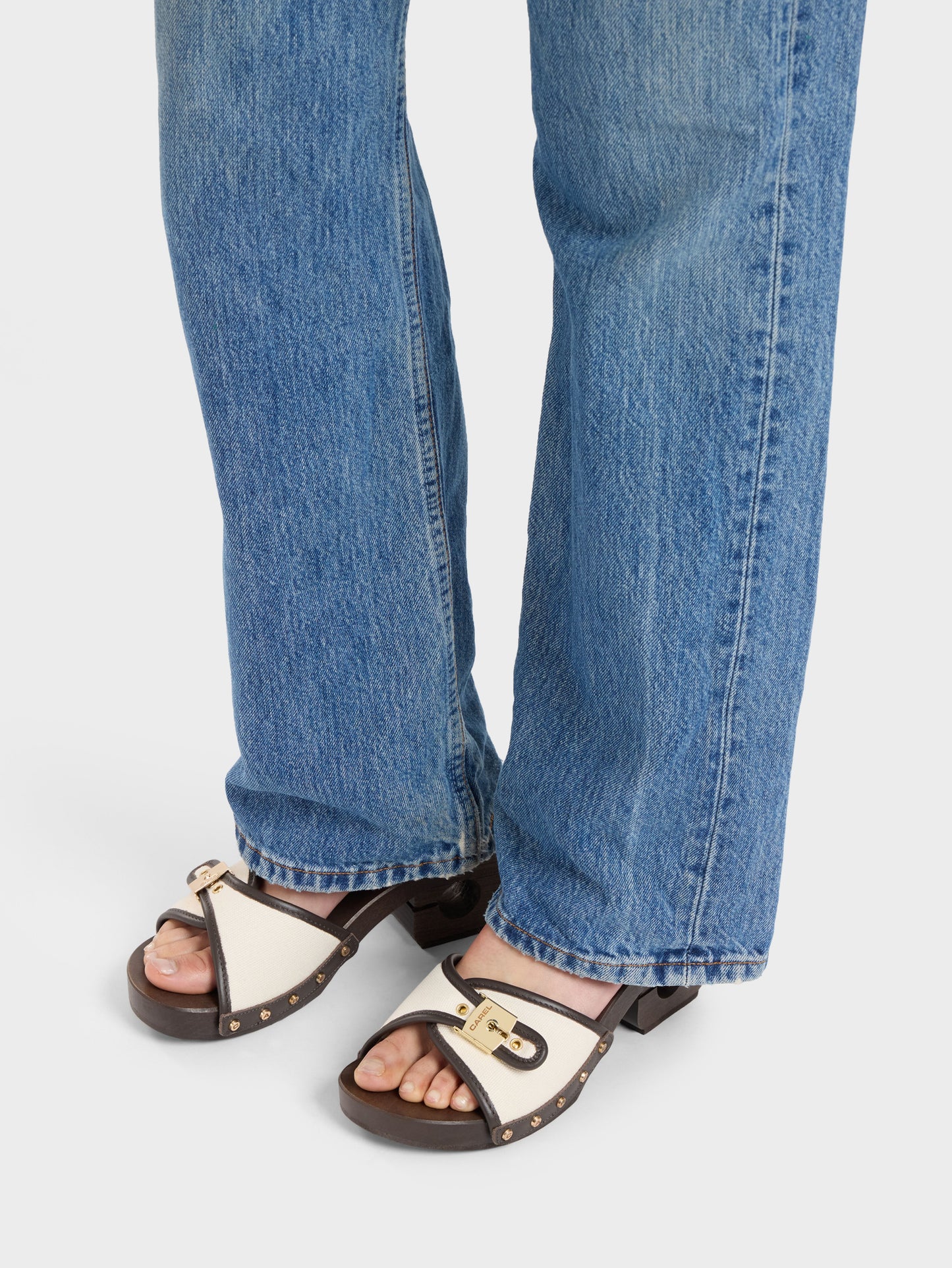 Pescarel - Brown leather and beige canvas clogs