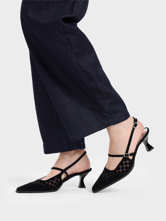 Cecile - Black checkered suede and mesh leather slingback pumps - Image number 7