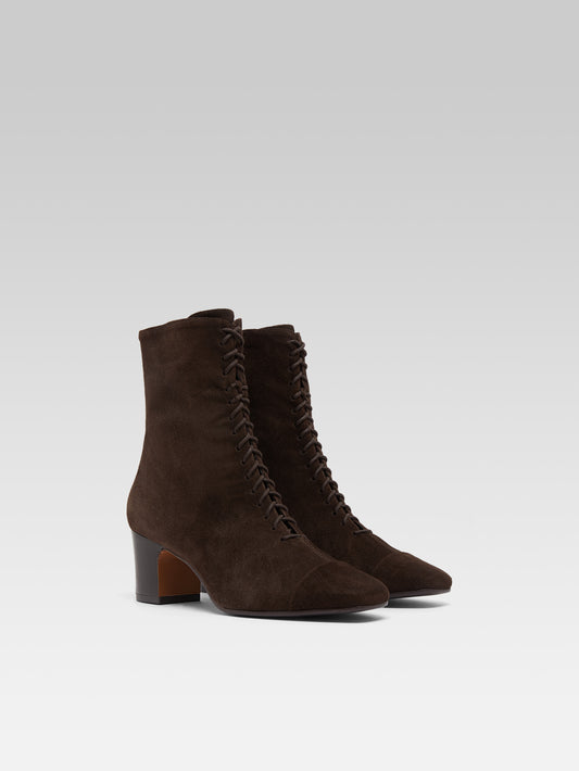 Colette - Bottines à lacets cuir velours marron - Image numéro 6