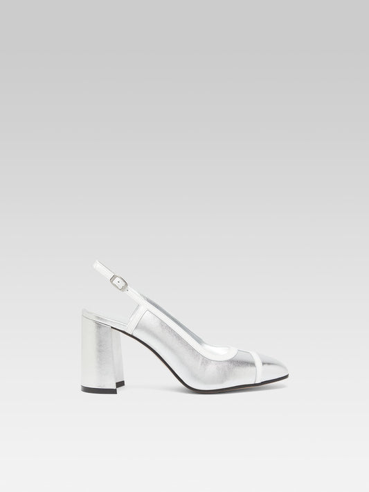 Alizee - Escarpins slingback cuir laminé argent et cuir verni blanc
