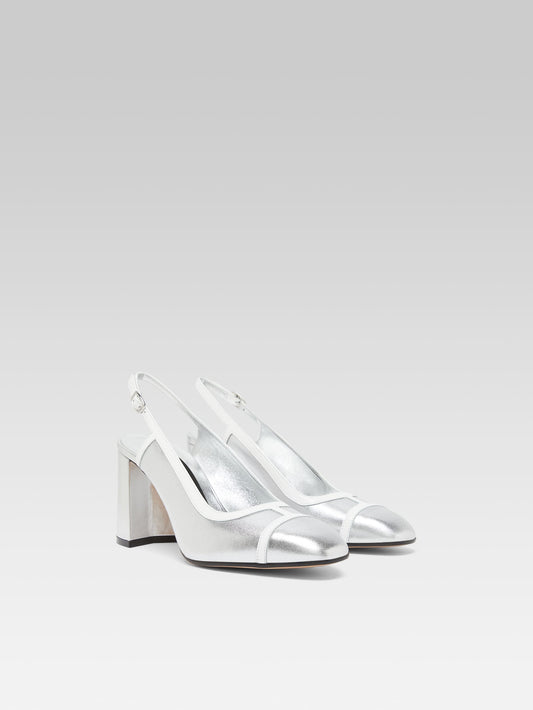 Alizee - Escarpins slingback cuir laminé argent et cuir verni blanc - Image numéro 4