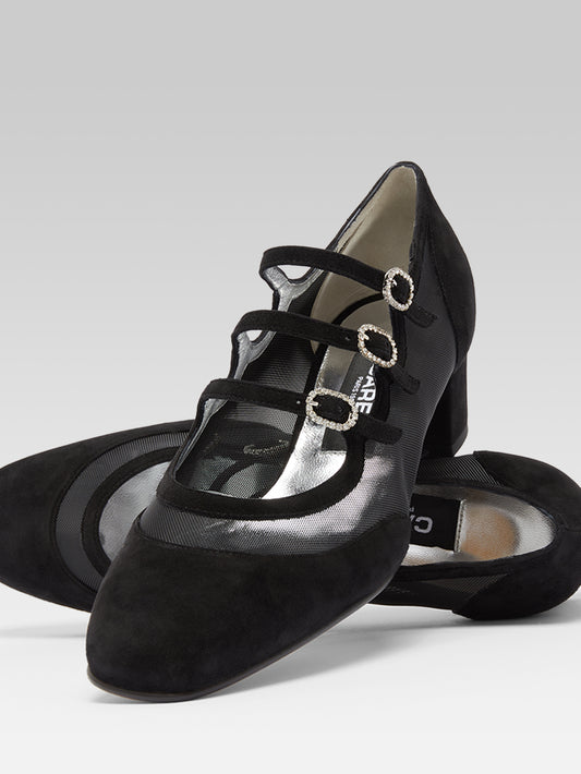 Kinight - Escarpins babies cuir velours résille noir et boucles strass - Image numéro 2