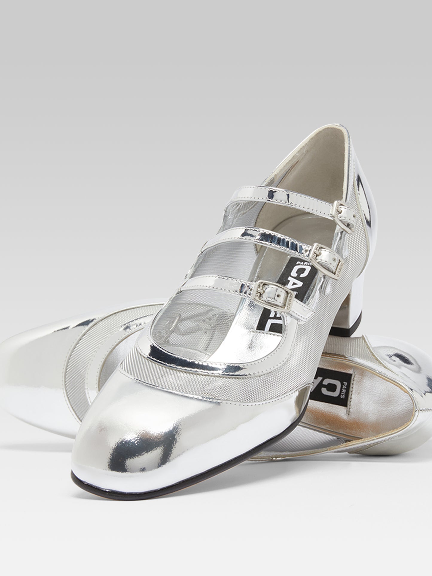 Kinight - Silver patent leather and mesh Mary Janes pumps